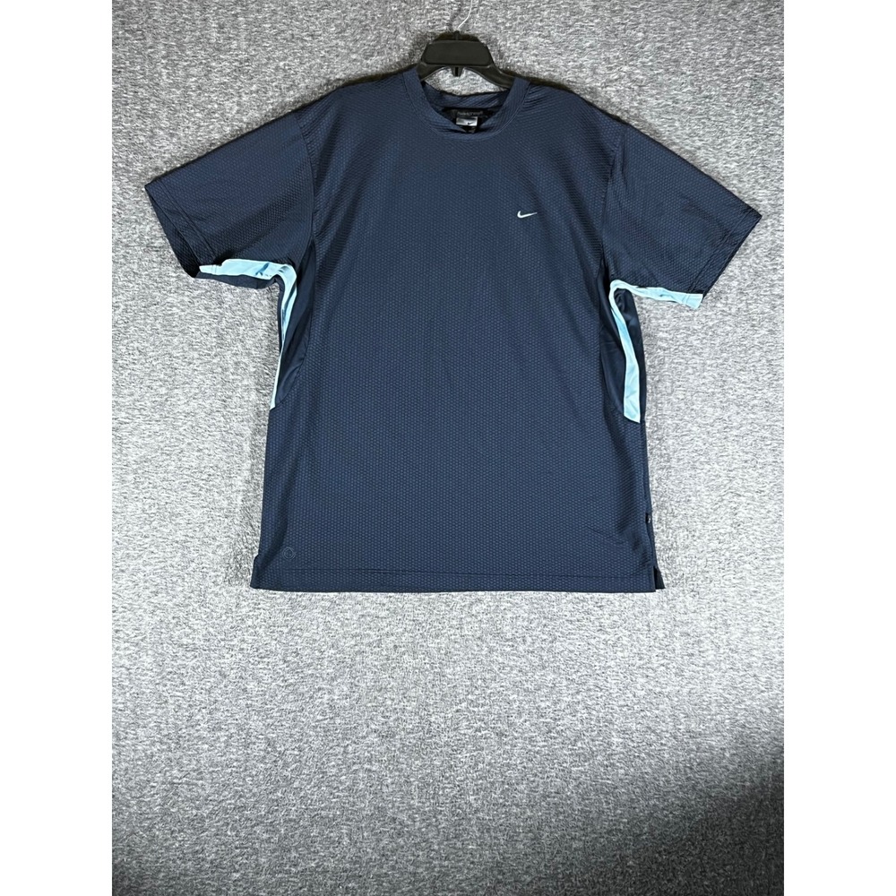 Nike Sphere Mens XL Navy Blue Textured Short Sleeve Performance Shirt Y2K Sport